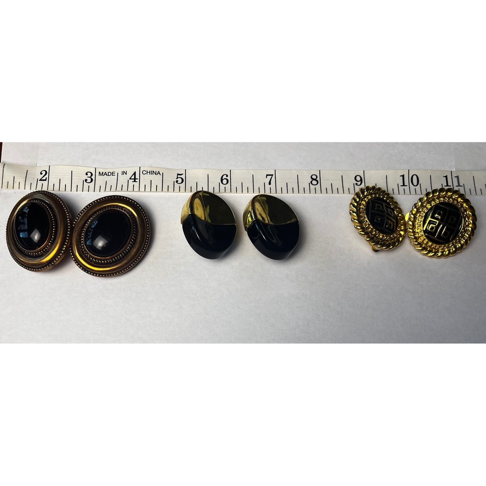 Lot of 3 Pairs Gold Tone Black Clip On‎ Earrings Vintage Designer Style